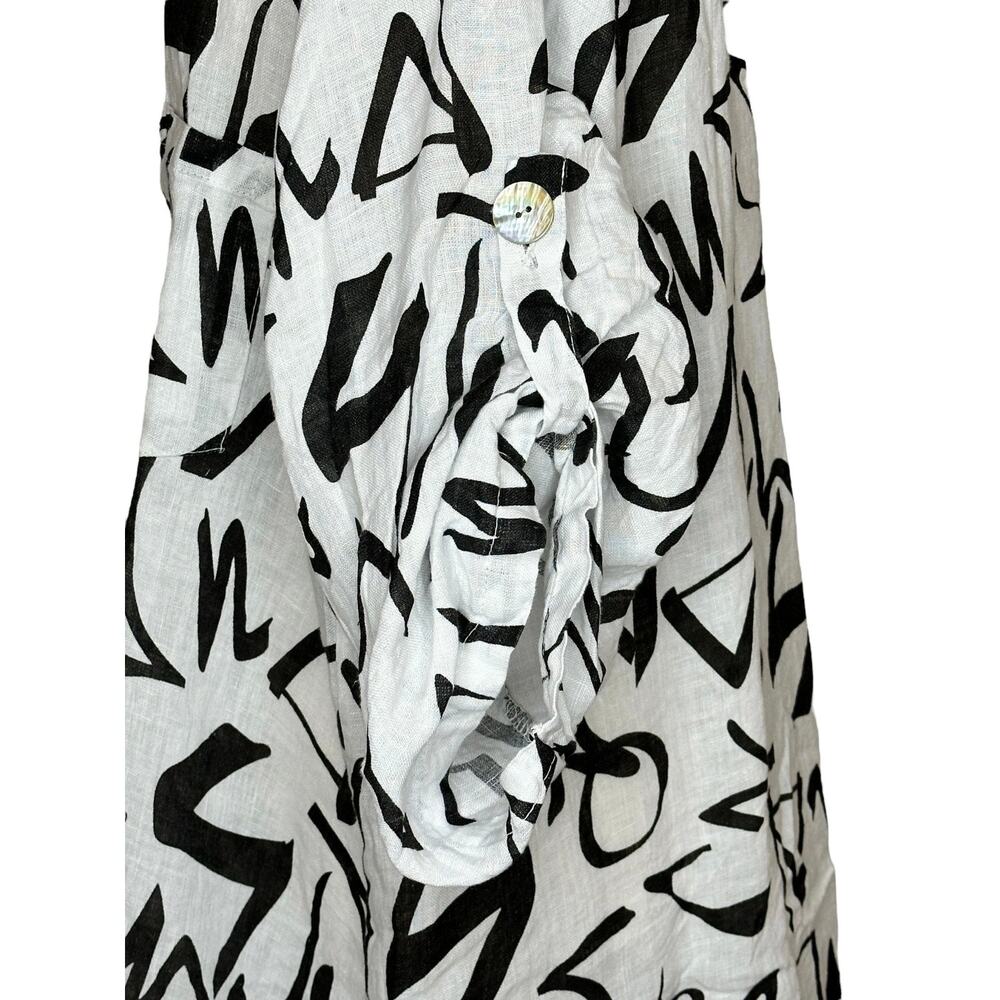 Women's White Linen Shirt Button Up Size M Black Script Made in Italy - Picture 3 of 4